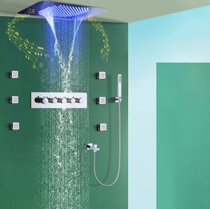Cabezal de ducha LED de color cromado 580x380mm con sistema de música Control termostático juego de grifo de ducha de lluvia en cascada