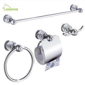 Chrome Crystal Brass Badkamer Hardware Set 4 stuks handdoekrek ringpapierhouder Haak in een Y200407