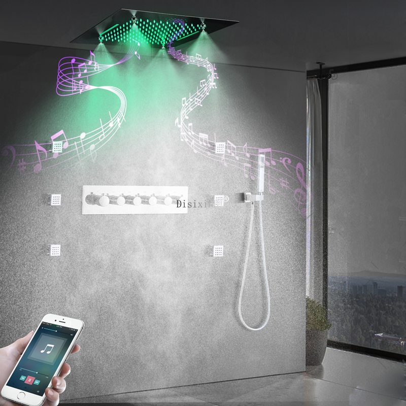 Chrome gepolijste baddouche kranen muur gemonteerd LED Regen douchekopsysteem Set met thermostatische mixer
