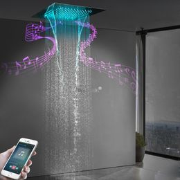 Pomme de douche à LED poli chromée avec haut-parleur de musique Misty Rain and Waterfall Shower 20 pouces plafond piste de douche intégrée