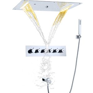 Système de douche de baignoire thermostatique chromé poli, 700x380mm, plafond intégré, cascade de pulvérisation, pluie à bulles, pomme de bain LED avec ordinateur de poche