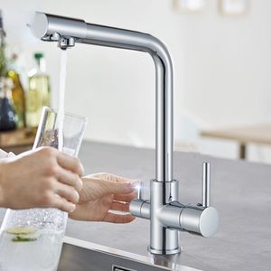 CHROME WATERFILTER TAPS Cuisine Robinets de cuisine Mélangeur Filtre d'eau potable 3 voies Cuisine Robinet Robinet Tap H / C Mélangeur d'eau Tapot