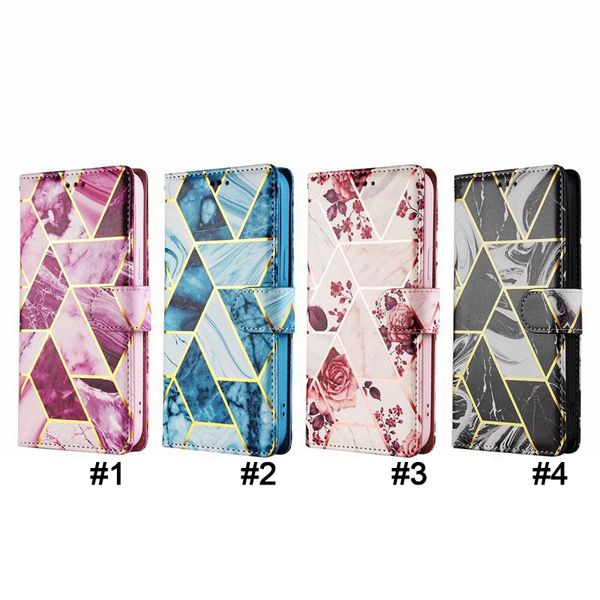 Cajas de billetera de cuero metálico de oro rosa cromado para iPhone 14 13 12 11Pro Max XS XR 8 7 6 Plus Bling Marble Plating Geometría Ranura para tarjeta Flip Cover Holder Bolsa