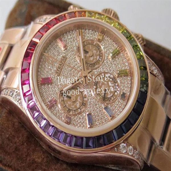 Chrono Eta 7750 Relojes Reloj cronógrafo automático para hombre Acero 904L Esfera de diamante Bisel Cristal Oro rosa Arco iris 116598 275O