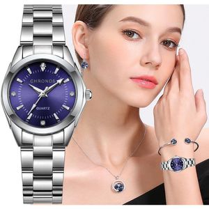 Chronos Dames Rvs Rhinestone Horloge Zilveren Armband Quartz Waterdichte Dame Bedrijf Analoge Horloges Pink Blue Dial