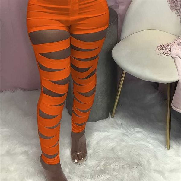 CHRONSTYLE évider à lacets Sexy crayon pantalon femmes taille haute Bandage Leggings Clubwear fête femme solide bas 211204