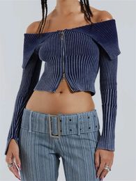 Chronstyle reversgradiënt afdrukken lange mouw Cardigan crop top voor vrouwen uit schouder gebreide geribbelde ritssluiting op truien jumpers 240328