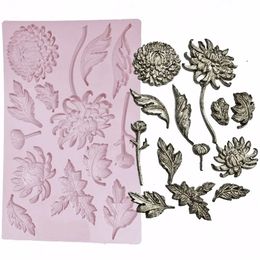 Moule en Silicone en forme de fleur de chrysanthème, sucre glacé, gâteau au chocolat, décor de cuisson, plantes et fleurs, tige de feuille, 240325