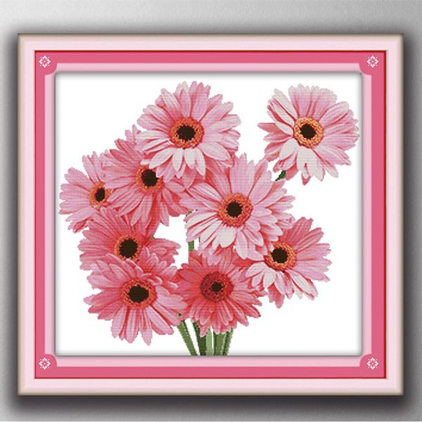 Pintura de decoración del hogar de flores rosadas de crisantemo, bordado de punto de cruz hecho a mano, conjuntos de costura contados, impresión en lienzo DMC 14CT /11CT