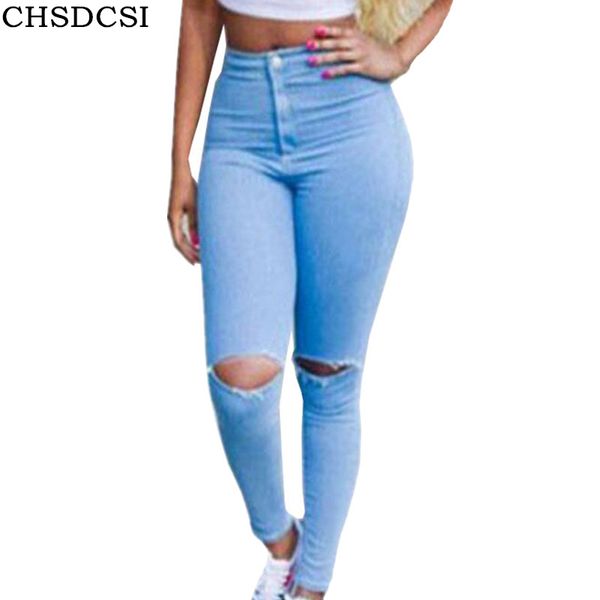 CHSDCSI Femmes Jeans Marque Vintage Mi Taille Régulier Denim Jean Mince Solide Déchiré Crayon Trou Pantalon Femme Sexy Fille Pantalon S18101604