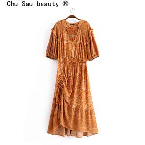Chu sau schoonheid boho bloemen print maxi jurk vrouwen vakantie stijl mode halve mouw lange jurken vrouwelijke strandkleding 210508