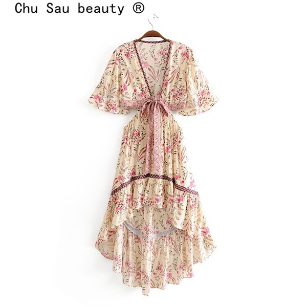 Chu Sau Beauty Boho Floral Print Swing Dres Style de vacances Mode Robes irrégulières Femme Robe de Moda 210623