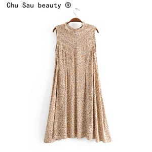 Chu Sau beauty Boho Leopard Print Midi Dress Mujer Holiday Chic Vestidos sin mangas Mujer Hollow Out O-cuello Beachwear 210508