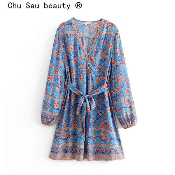 Chu Sau Beauty Boho Rose Floral Imprimé Robe Femmes Beach Style Simple Boutonnage Mini Robes Lady's Sashes Holidaywear 210508