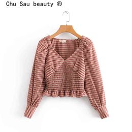 Chu sau schoonheid mode mooie plaid korte tops vrouwen casual stijl chique elastische taille top vrouwelijke camisa de modus 210508