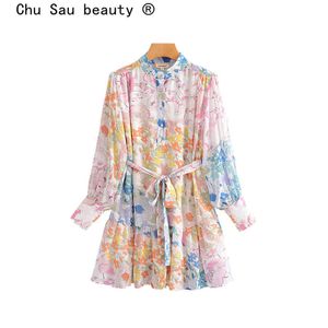Chu Sau beauté Mode Blogger Style En Mousseline De Soie Imprimé Floral Mini Robe Femmes Vintage Lanterne Manches Arc Ceintures Robes De Vacances 210508