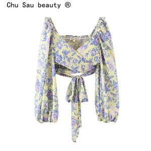 Chu Sau Beauty Mode Bohème Chic Floral Print Crop Tops Femmes Vacances Style Bow Tie Élastique Slim Col V Blouse Femme 210508
