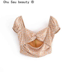 Chu Sau Schoonheid Mode Boho Bloemenprint Crop Tops Dames Zomer Party Stijl Holle V-Neck Puff Sleeve Dames Blouses 210508