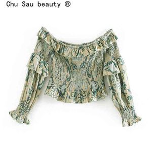 Chu Sau beauté mode Boho Style imprimé fleuri haut court femmes décontracté Chic hors épaule plissé haut femme vacances porter 210508
