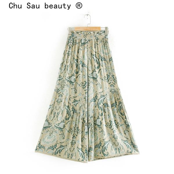 Chu Sau Beauty Fashion Boho Style Floral Print Wide Leg Pantalon Femmes Vacances Chic Taille élastique Dentelle Pantalon long Femme 210508