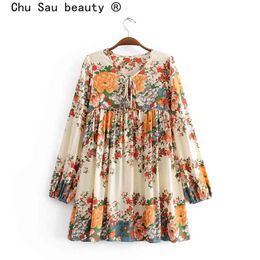 Chu Sau schoonheid mode boho zomer floral print losse mini jurk vrouwen vakantie chique strikje o-hals strand dragen jurken vrouwelijke 210508