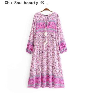 Chu Sau schoonheid mode boho vintage 3 kleuren bloemenprint losse lange jurk strand kwastje jurken vrouwelijke vestido de moda 210508