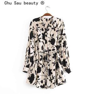 Chu sau schoonheid mode boho vintage zwarte bloemenprint losse blouses vrouwen vakantie stand kraag sjerpen dames blouse 210508