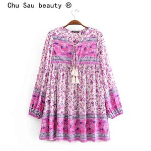 Chu sau schoonheid mode boho vintage bloemen print losse mini jurk strand stijl v-hals katoen jurken vrouwelijke vakantie slijtage 210508