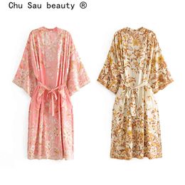 Chu Sau Beauty Mode Boho Vintage Imprimer Long Tops Femmes Vacances Lâche Dames Kimono Plage Ceintures Cardigans Femme 210508