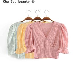 Chu Sau belleza moda Casual Chic 3 colores Crop Tops verano cuello pico elástico busto media manga señoras blusas cortas 210508