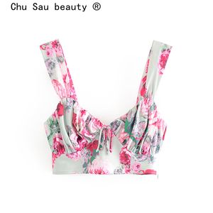 Chu Sau beauté Mode Casual Floral Print Sling Crop Tops Femmes Sexy Deep V-cou Sans Manches Dos Nu D'été Dames Blouses 210508