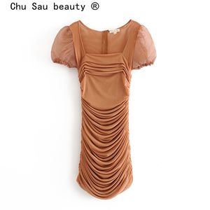 Chu Sau Beauty Fashion Party Style Deep Square Col Mini Robe Femmes Casual Manches Bouffantes Serrées Sexy Summer Ladies Robes 210508