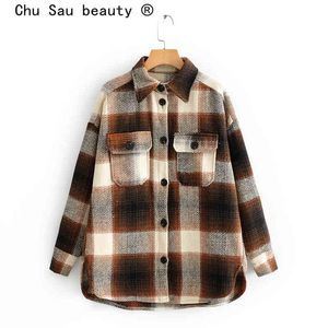 Chu Sau beauté mode Plaid automne hiver épais Blouses femmes lâche laine tissu veste décontractée simple boutonnage manteau 210508