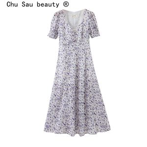 Chu Sau beauté mode Style doux Vintage imprimé fleuri robe fendue femmes vacances Chic col en v profond été robes mi-longues 210508