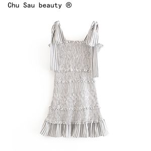 Chu sau schoonheid mode vintage gestreepte slip jurk vrouwen casual chic off schouder geplooide gevouwen gelamineerde mini jurken vrouwelijke 210508