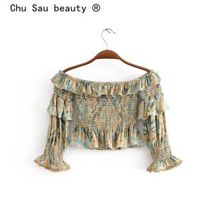 Chu sau schoonheid vakantie chique bloemen print crop top vrouwen mode off shoulder tops vrouwelijke elastische borst ruches korte shirts 210508