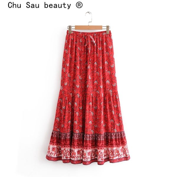 Chu Sau beauté Nouvelle Mode Boho Style Imprimé Floral Jupe Femmes Vacances Chic Taille Élastique Jupes Longues Femme Falda De Moda 201109