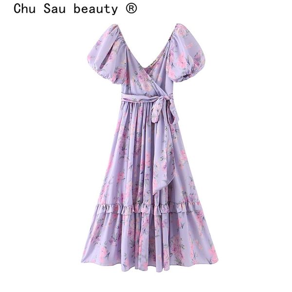 Chu Sau beauté Nouvelle Mode Ins Blogger Style Robe Imprimé Floral Femmes Boho Soie Imitation Arc Ceintures Fée Robes Femme 210331