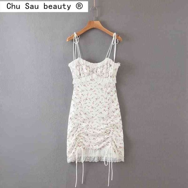 Chu Sau beauté robe d'été femmes Sexy mince imprimé cordon dentelle bordure serré hanche Mini jarretelle robe femme 210325