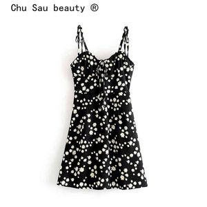 Chu Sau Schoonheid Zoete Chique Floral Gedrukt Midi Strap Jurk Dames Vakantie Slank Vlinder Stropdas Strand Mini Jurken Vestidos de Verano 210508