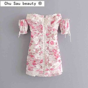 Chu sau schoonheid vintage mode jurk vrouwelijke zomer woord schouder bloemen kant rek rug taille mini jurken vrouwen 210508