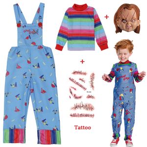 Chucky Cosplay disfraz de Halloween para niños niñas jugar niño máscara de Chucky disfraz conjunto completo enviar cicatrices tatuaje pegatinas Giftscosplay