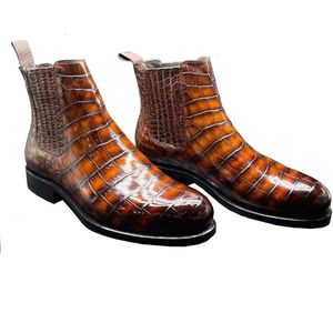 Chue krokodil heren laarzen lederen aankomst schoenen mannelijke buik huid kleur wrijven oranje bruin 770