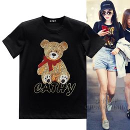 chun yu yin jia designer de haute qualité marque nouveau style mignon ours drôle strass motif imprimé graphique à manches courtes femmes t-shirt à manches courtes t-shirt en coton mercerisé