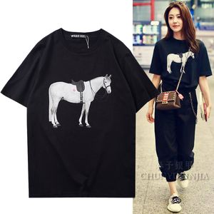 Chun yu yin jia marque de luxe Designer vêtements de haute qualité impression 3D motif cheval t-shirt graphique à manches courtes noir blanc femmes tee grande taille XL