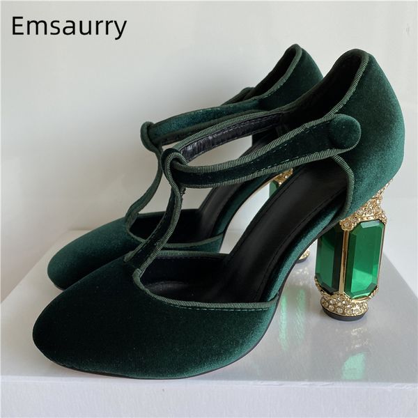 Chunky 49 Robe Emerald Agate Wedding Jeweled High Heel Chaussures T-Strap Veet Green Round Toe Pompes Femmes 230822 84882 93967