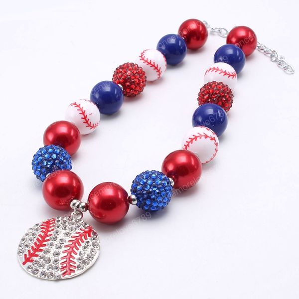 Collier de perles épaisses avec pendentif de baseball en strass pour bébé enfants collier fait main filles bijoux cadeau