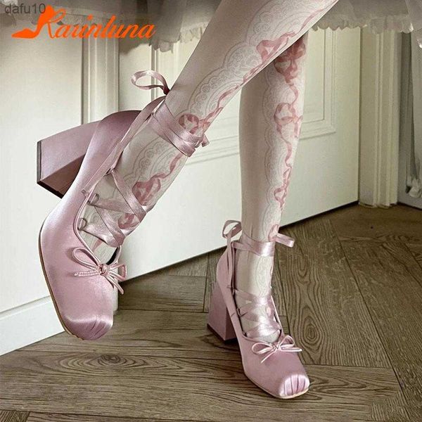 Chunky Heels Lolita Pumps Shoes Hot Brand 2023 Primavera Verano Estilo francés Elegance Women Pumps Lace Up Ballet Style Single Shoes L230704