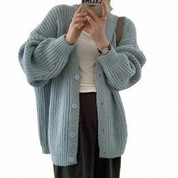 Cardigan en tricot épais pour femmes, rose, bleu foncé, col en V, pull en tricot torsadé, veste automne hiver, tenue coréenne Fi K5ZE #
