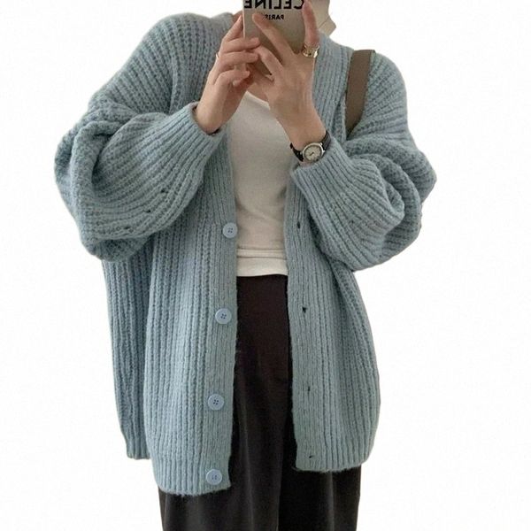 Cardigan en tricot épais pour femmes Rose Bleu sombre Col en V Butt Up Câble Pull en tricot Veste Automne Hiver Coréen Fi Outfit 06Vg #